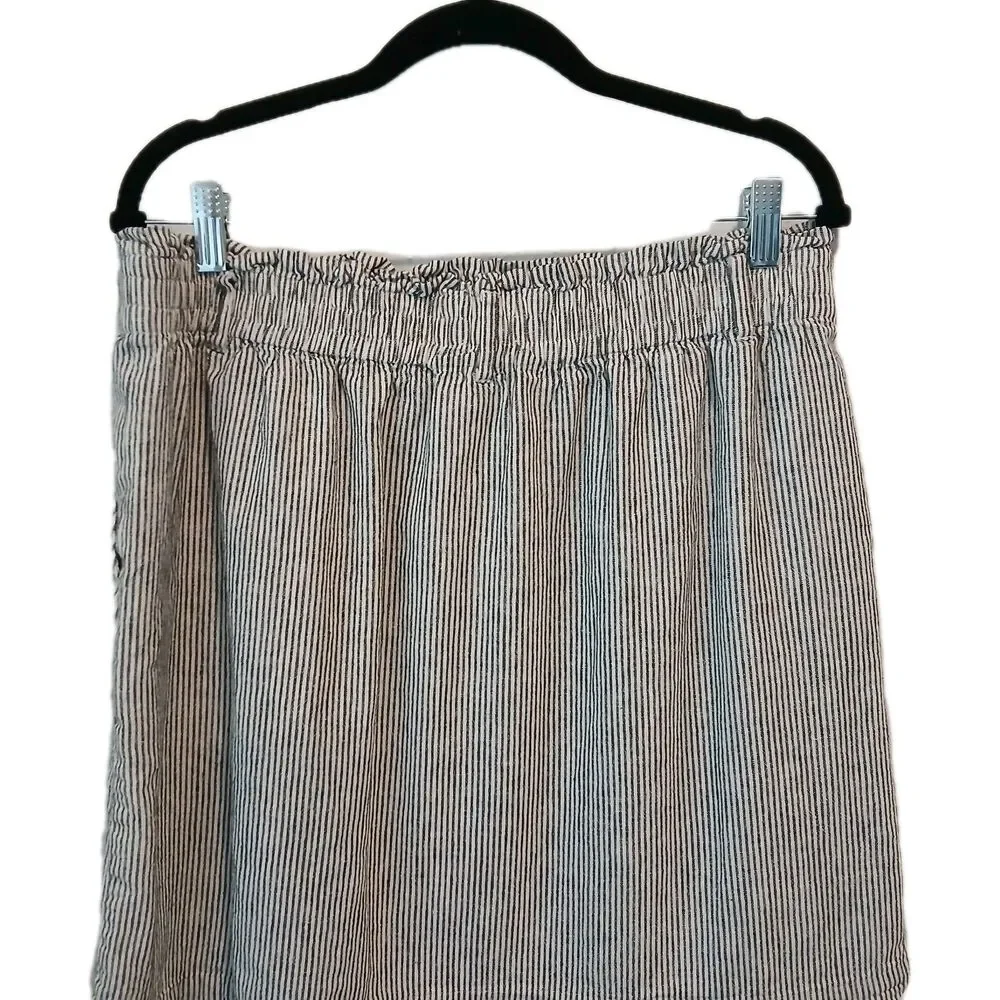 J Crew Skirt Womens Large Black/White Stripe Linen Bld Elastic Waist Seersucker